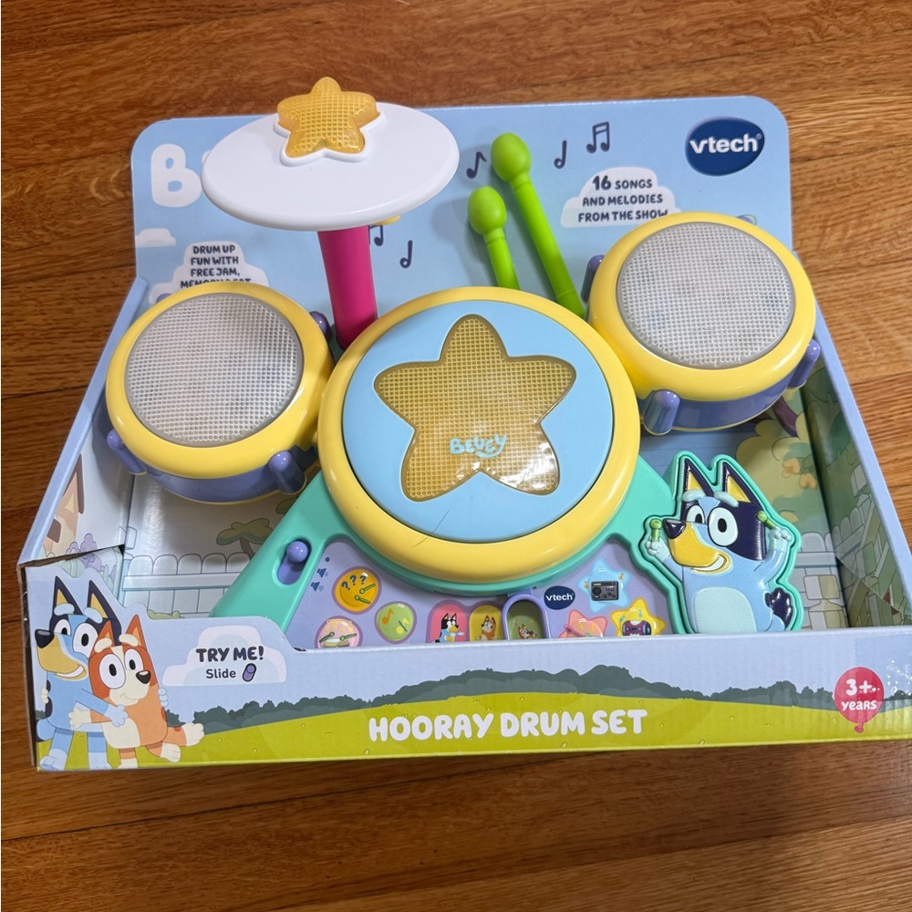 VTech Bluey Hooray Drum Set - Yellow, Blue & Green Kids Musical Toy